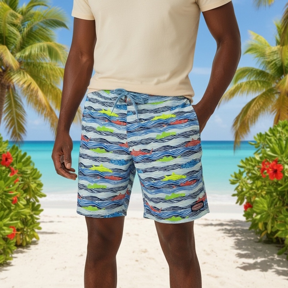 Vineyard Vines Mens 33 Board Shorts Blue Fish Wave Print Swim Trunks Nautical